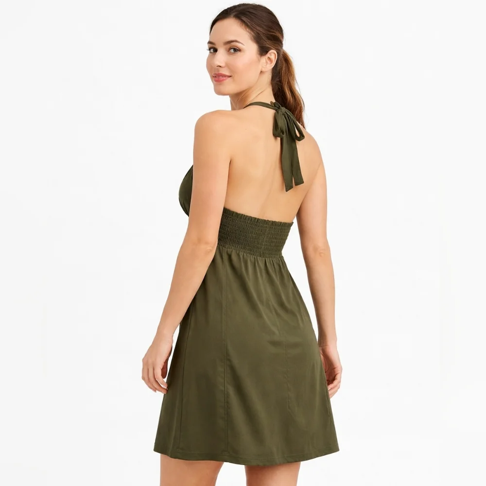 Athleta Olive Green Halter Dress | Athletic Swim Material | Size Small (4-6) - Picture 2 of 6